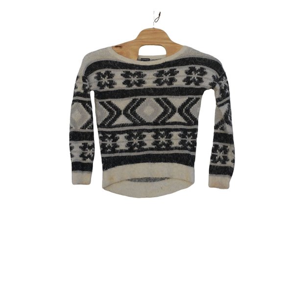 Express Women's Black and Cream Aztec Knit Shaggy S/P Long Sleeve Sweater - Picture 2 of 5